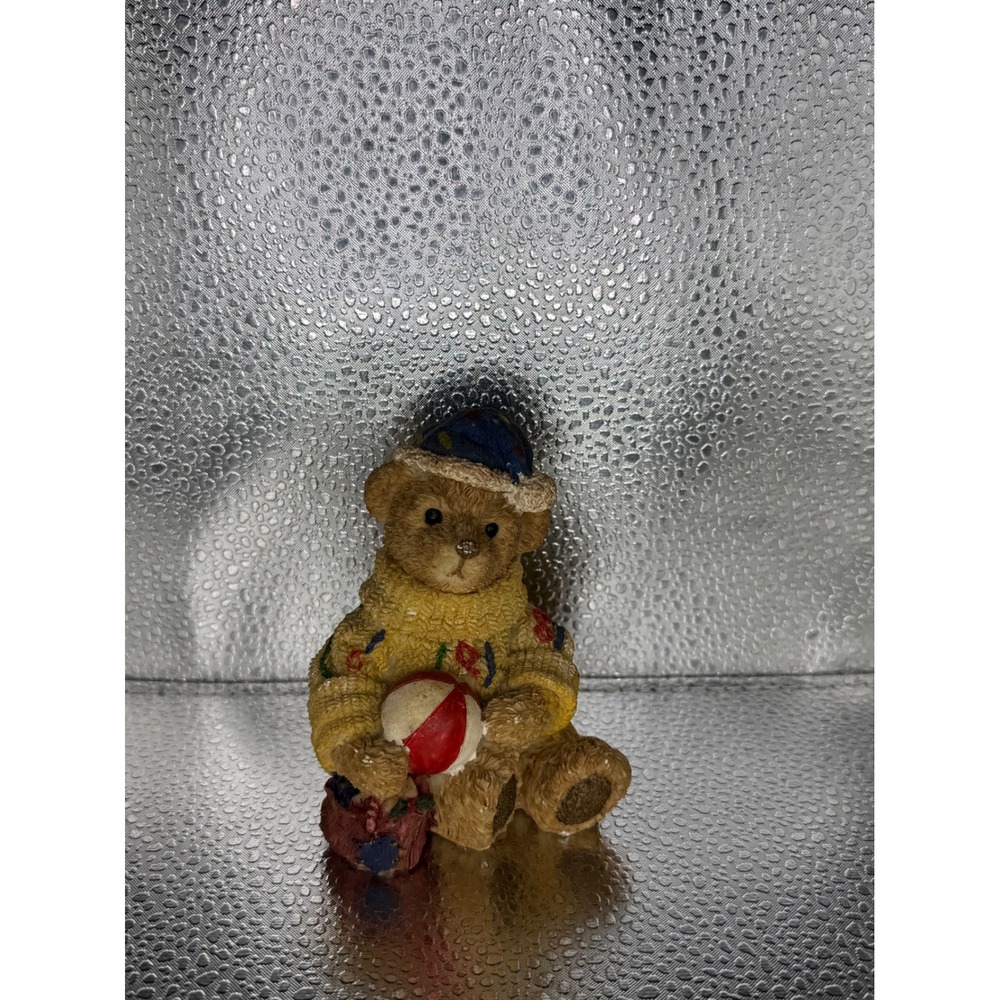 Vintage Resin Teddy Bear Figurine Yellow Sweater Blue Hat Collectible Decor